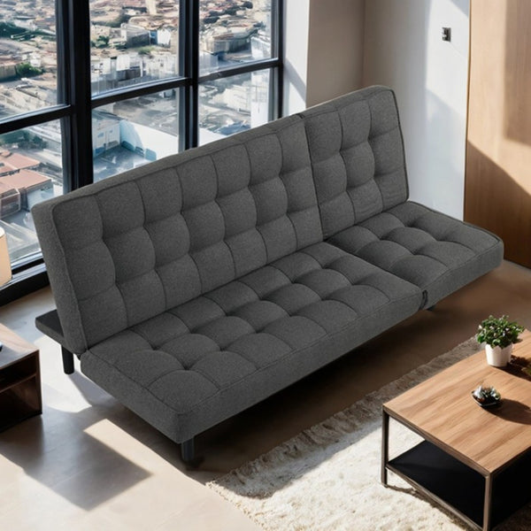 English Elm Dark Gray Futon Sofa With Biscuit Tufting – Adjustable Headrest, Converts To Chaise Or Bed Comfortably B2741P314816