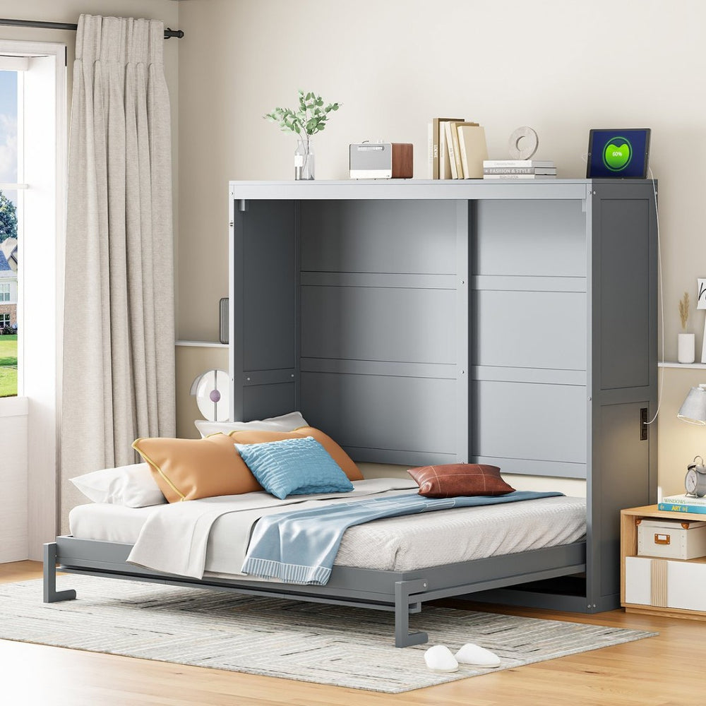 English Elm Full Size Murphy Wall Bed with Rattan Panel Cabinet for Studio and Guest Rooms Gray N708S00011E-1