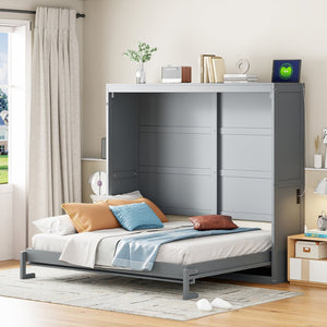 English Elm Full Size Murphy Wall Bed with Rattan Panel Cabinet for Studio and Guest Rooms Gray N708S00011E-1