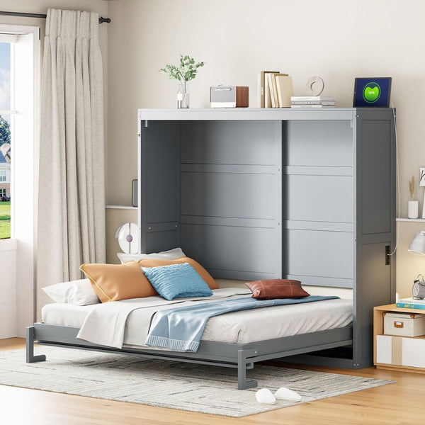 English Elm Full Size Murphy Wall Bed with Rattan Panel Cabinet for Studio and Guest Rooms Gray N708S00011E-1