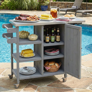 English Elm Foldable Outdoor Kitchen Cart with Stainless Worktop Fir Wood Frame and Lockable Wheels Grey N719P380281K