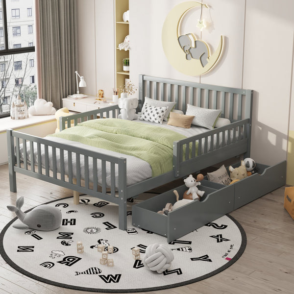 English Elm Full Wood Platform Bed with Headboard, Guardrails & Underbed Storage Drawers – Sturdy Pine Frame, 450LB Capacity Gray 78.25 L x 18.5 W x 6 H N733P172700E