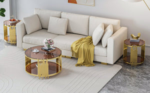 English Elm 31.5inch Modern Luxury Gold Coffee Table with Two-Tier Storage, Tempered Glass Top, Elegant Crown Design Dark Brown W1550P171485