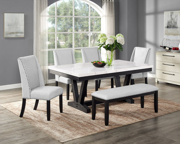 English Elm 6pc White Marble Dining Set with Black Trestle Base, Dove Gray Tufted Bench & Nailhead Chairs B011S00992
