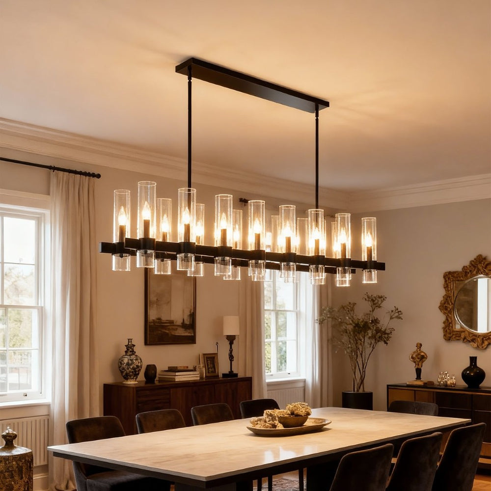 English Elm 63 Inch Matte Black Linear Chandelier 16 Seeded Glass Shades Modern Farmhouse Dining W5008P392739