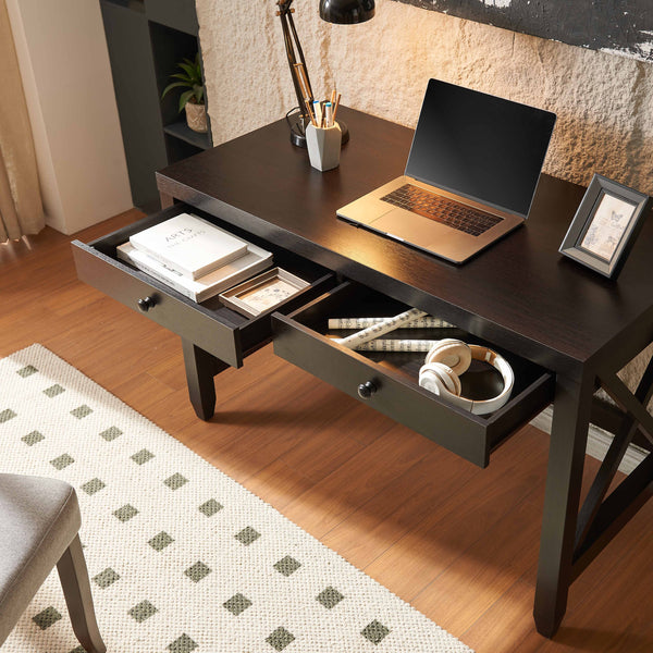 English Elm Home Office Desk - Classic Writing Table With X-Brace Leg Frame, Two Drawers, & Ample Workspace B107P302906