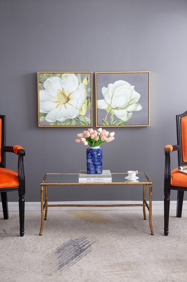 English Elm 36x16x16.5" Bamboo-Style Antique Gold Coffee Table with Glass Top — Vintage Luxe, Sunroom-Ready Statement Piece W2078P370593