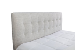 English Elm Queen Upholstered Bed Set with Stone Polyester Headboard and Walnut Nightstands B2699S00076