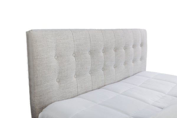 English Elm Queen Upholstered Bed Set with Stone Polyester Headboard and Walnut Nightstands B2699S00076