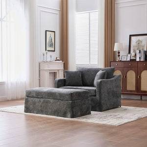 English Elm 43.9" Wide Chenille Accent Chair with Ottoman Bolster Pillows Farmhouse Living Room Set Charcoal W3098S00045