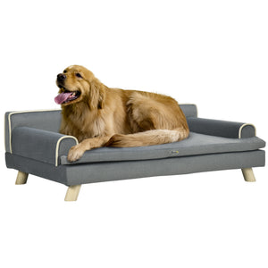 English Elm PawHut Plush Foam Large Dog Couch with Removable Washable Cover, Elevated Wooden-Leg Sofa Bed Grey W2225P217303