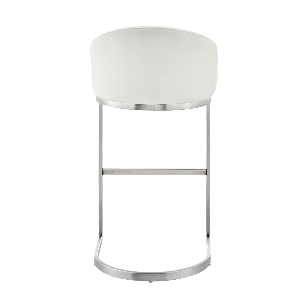 English Elm Zevrin Brushed Stainless Steel Bar Stool with White Faux Leather, Cantilever Base, 400lb Capacity B2736P354389