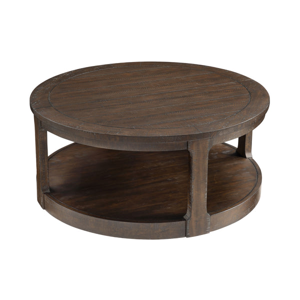 English Elm 40inch Rustic Curved 2-Tier Round Wooden Coffee Table with Wheels, Mid-Century Vintage Charm, Solid Pine Blend Dark Brown W2582P202642