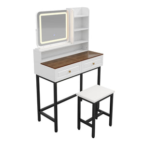 English Elm Makeup Vanity Set with Rotating Led Mirror Amber Glass Top Drawers and Charging Station N704P385441K