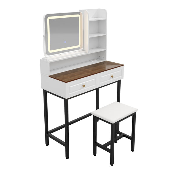 English Elm Makeup Vanity Set with Rotating Led Mirror Amber Glass Top Drawers and Charging Station N704P385441K