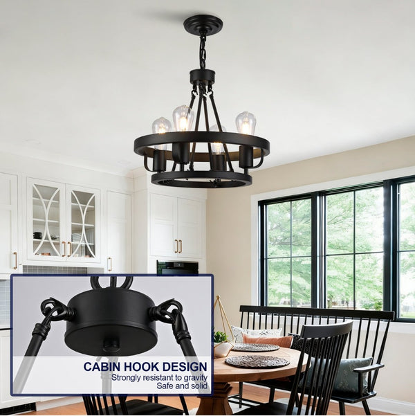 English Elm Four-light Wagon Wheel Pendant Matte Black Metal Industrial Plug-in Dining Fixture W2991P407027