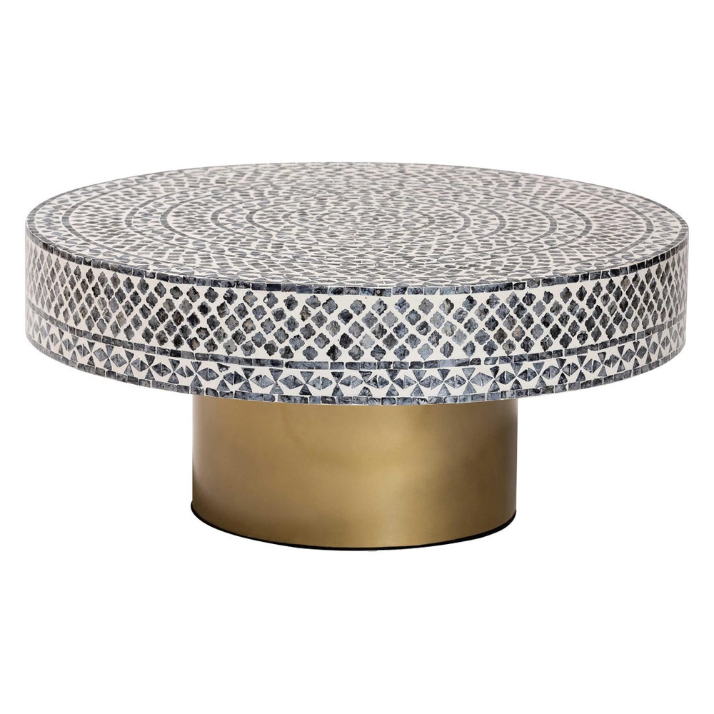English Elm Coastal Capiz Shell Mosaic Round Coffee Table Artisan Iridescent Living Room Accent B2750P467802