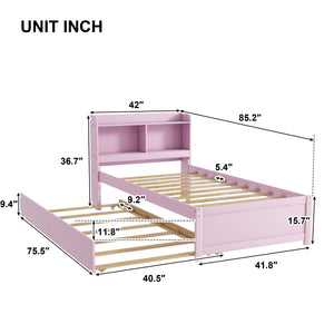 English Elm Twin Pink Trundle Bed with Bookcase Headboard — Space-Saving Twin Bed for Small Rooms, Storage Friendly W504P317860