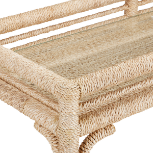Olisa Natural Rope Bar Cart - Elegant Braided Abaca Design with Glass Shelves & Rolling Casters