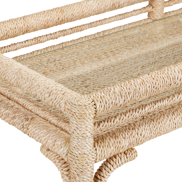 Olisa Natural Rope Bar Cart - Elegant Braided Abaca Design with Glass Shelves & Rolling Casters