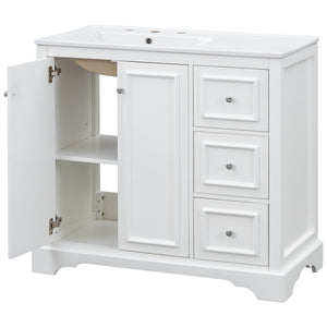 English Elm 36'' Transitional Bathroom Vanity with Ceramic Sink, Solid Wood Frame, Adjustable U-Shelf & Soft-Close Doors White N729P292966K
