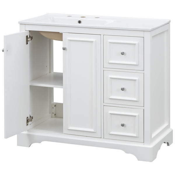 English Elm 36'' Transitional Bathroom Vanity with Ceramic Sink, Solid Wood Frame, Adjustable U-Shelf & Soft-Close Doors White N729P292966K