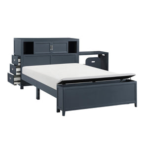English Elm Gray Full Platform Bed with Bookcase Headboard Fold Out Desk Drawers and Footboard Bench Navy Blue B011S02313