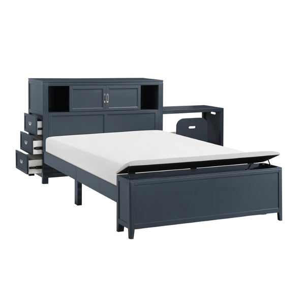 English Elm Gray Full Platform Bed with Bookcase Headboard Fold Out Desk Drawers and Footboard Bench Navy Blue B011S02313