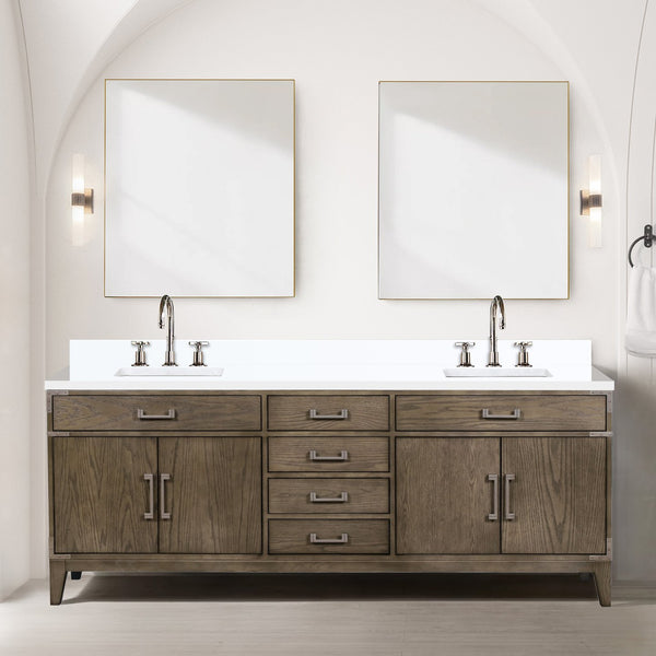 English Elm Grey Oak Double Bath Vanity Set With White Quartz Top, Faucets, And 36" Mirrors For Stylish Bathrooms B2731S01885