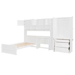 English Elm Wooden Twin Loft Bed with Built-in Desk Wardrobe Storage Drawers and Led Lighting N820S00069K