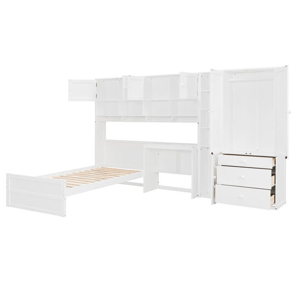 English Elm Wooden Twin Loft Bed with Built-in Desk Wardrobe Storage Drawers and Led Lighting N820S00069K