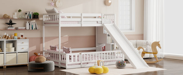 English Elm Twin Over Full Bunk Bed Solid Pine Frame with Built-in Slide and Storage Staircase White W504S00290