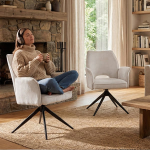 English Elm Fabric Swivel Dining Chairs Set of 2 with 360 Rotation Removable Arms Metal X-frame White W3851P452876