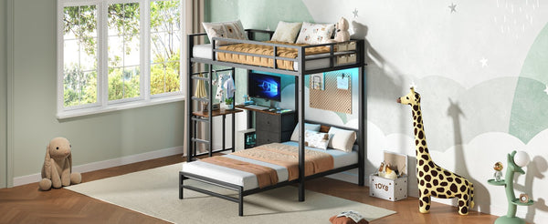 English Elm Bunk Bed Steel Frame with Rgb Lighting Charging Station Drawers and Folding Desk W1820P420816