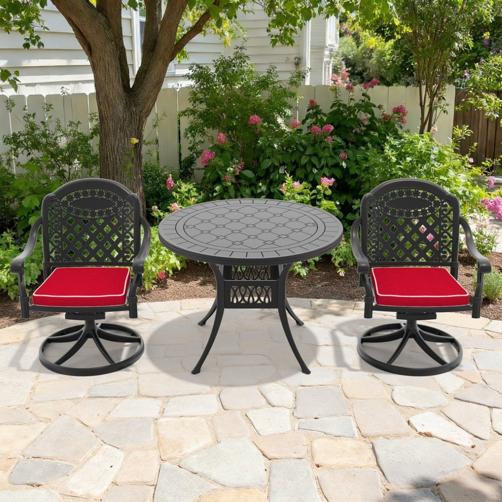 English Elm 3-piece Outdoor Cast Aluminum Dining Set with Round Table and Swivel Chairs Carved Detail W1710S00303