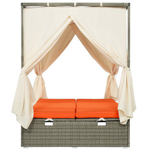 English Elm U_Style Outdoor Adjustable Sun Bed with Canopy & Curtains, Steel Frame, PE Rattan, 400lb Capacity Orange WY000437AAO