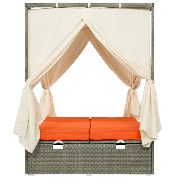 English Elm U_Style Outdoor Adjustable Sun Bed with Canopy & Curtains, Steel Frame, PE Rattan, 400lb Capacity Orange WY000437AAO