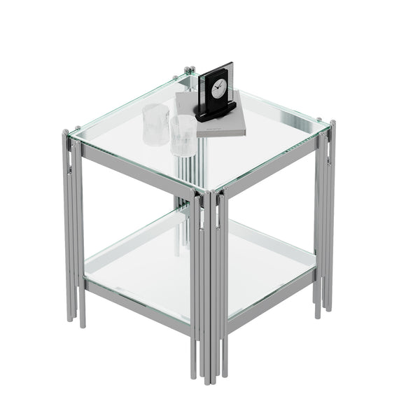 English Elm Modern Tempered Glass End Table with Silver & Gold Stainless Steel Frame, 2-Tier Storage, Sleek Durable Finish W1241P244702
