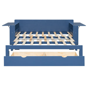 English Elm Queen Daybed with Hydraulic Desk Storage Drawers and Convertible Sofa for Small Spaces Blue LT000272AAC