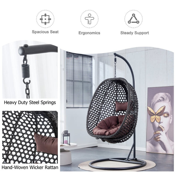 English Elm Egg Swing Chair Freestanding Woven Rattan Basket Seat with Cushion for Patio Bedroom W1512P494633