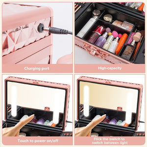 English Elm Portable Led Vanity Makeup Case Aluminum Travel Organizer with Mirror Lock Dividers W1550P163304