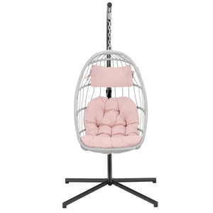English Elm Outdoor Wicker Rattan Swing Chair Pink Cushioned Hanging Hammock Seat Aluminum Frame Portable Cozy Patio Decor W349110628