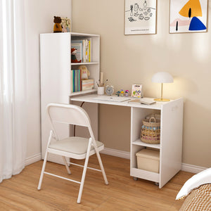 English Elm Stretchable expandable office desk with magnetic fold, lockable casters, adjustable shelves for storage and space-saving White W509P355680