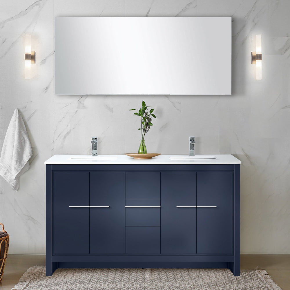 English Elm Navy Blue Double Bath Vanity With Cultured Marble Top, Chrome Faucet & 55" Mirror For Stylish Spaces B2731S01725