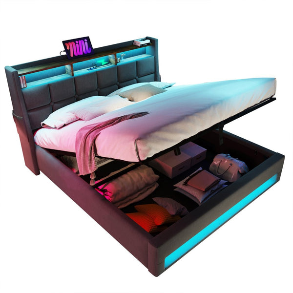 English Elm (=aa20690910g) Queen Upholstered Storage Bed with Led Lighting and Headboard Charging Ports AA20690910G-1