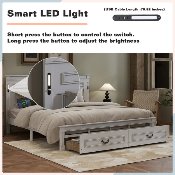 English Elm King Pine Wood Storage Bed with Led Lighting Usb Charging Tall Panel Headboard White W504S00269