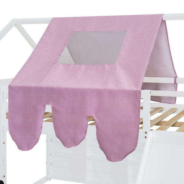 English Elm Full Size Kids House Loft Bed Pinewood Frame with Tent Slide and Play Storage White LT000683AAK