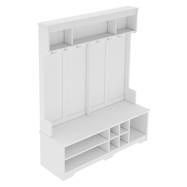 English Elm Modern Entryway Hall Tree with Six Hooks Bench Seat and Open Shoe Cubbies White W1580S00617