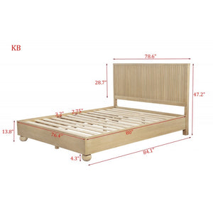 English Elm Eastern King Fluted Panel Platform Bed with Round Wood Feet, Light Oak Finish, Modern Sculptural Elegance B011S01965