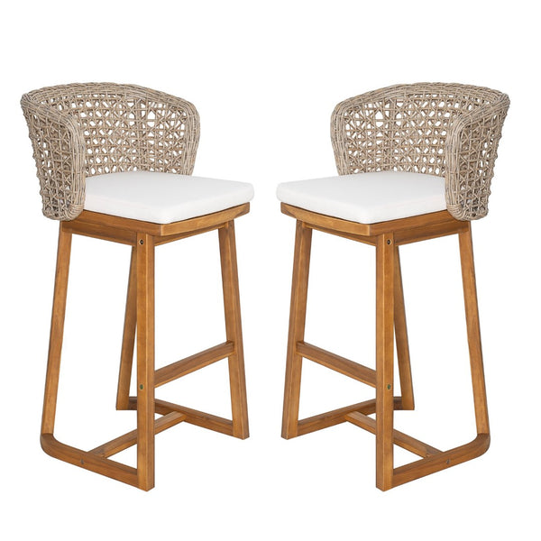English Elm Outdoor Acacia Teak Bar Stools Set of 2 Wicker Back with Cushioned Patio Seating N773P306707B